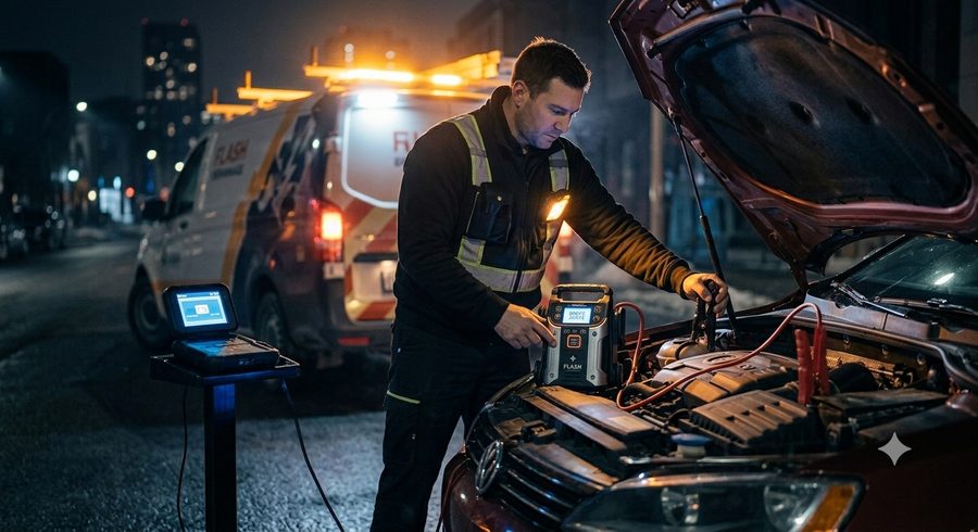 Technicien Flash Lockout & Boost Dépannage effectuant un survoltage de batterie à Montréal