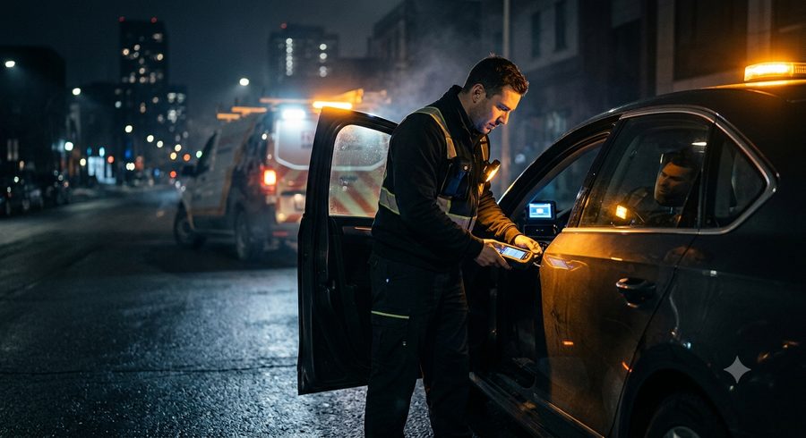 Technicien Flash Lockout & Boost Dépannage déverrouillant une portière de voiture à Montréal